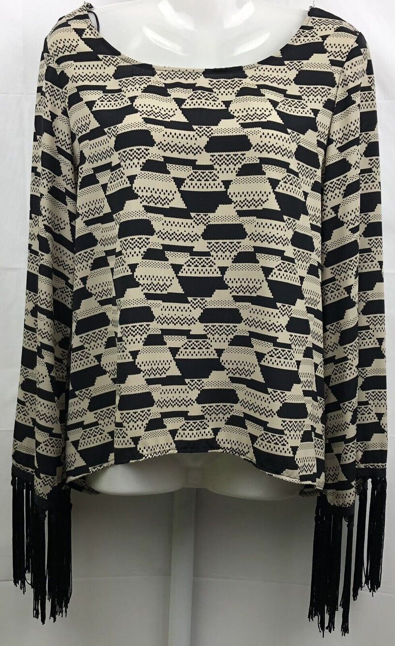Fab’rik Fringe Top Women M Black Tan Geo Design Open Back Tulip Long Sleeves